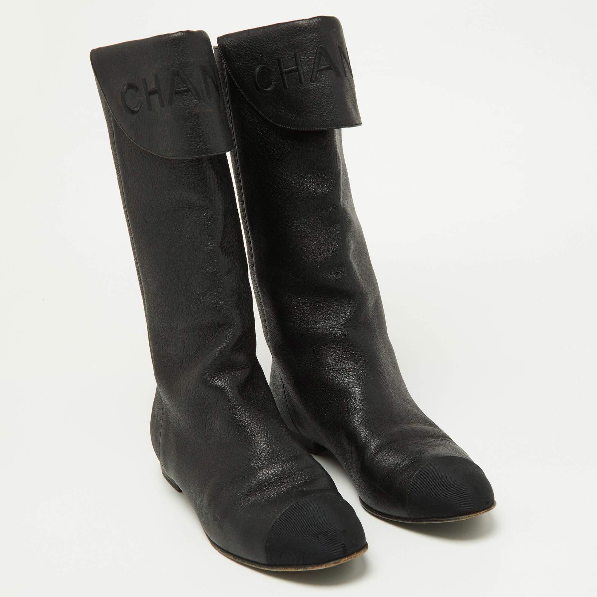 Chanel Black Leather and Grosgrain Mid Calf Boots Size 37.5 In Good Condition For Sale In Dubai, Al Qouz 2