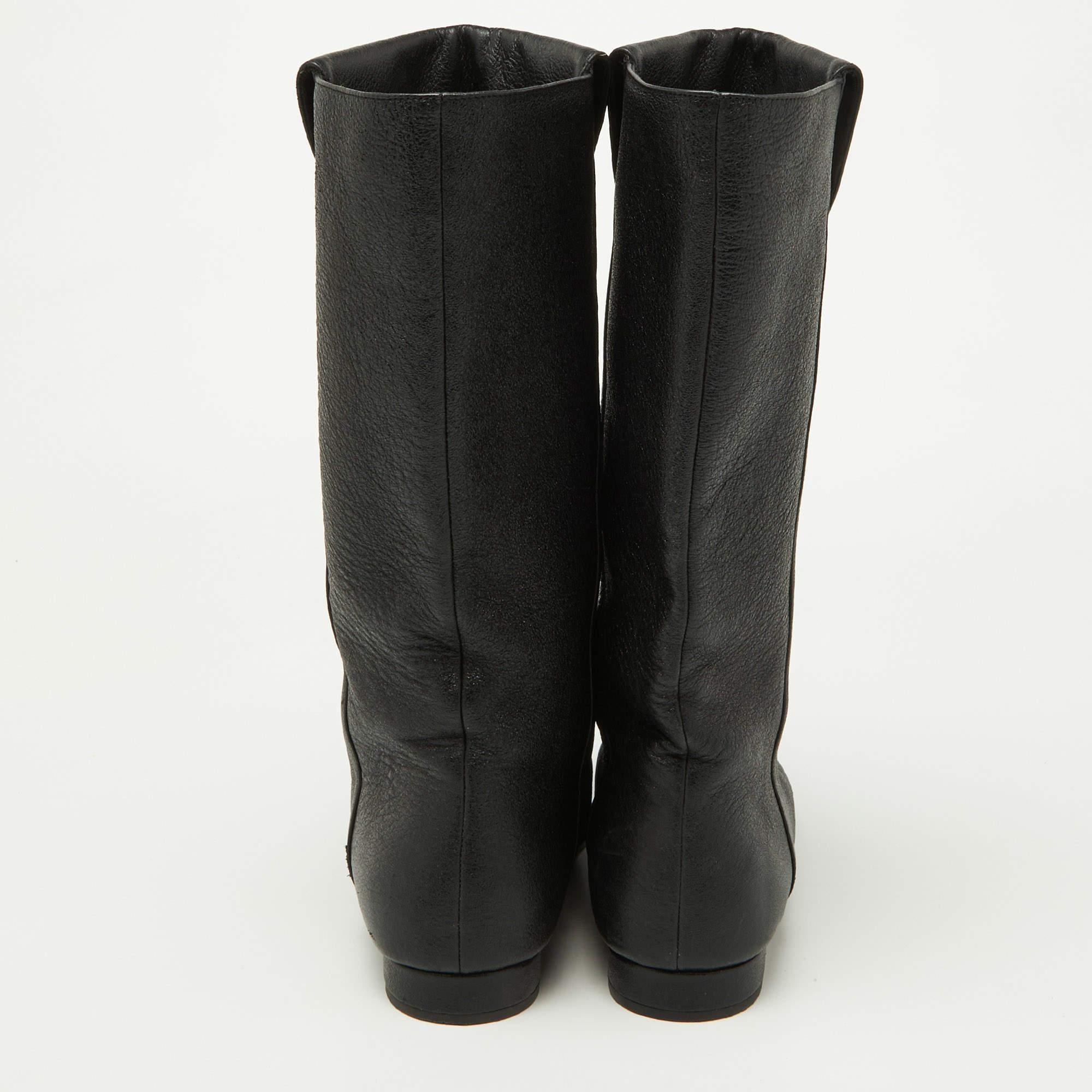 Chanel Black Leather and Grosgrain Mid Calf Boots Size 37.5 For Sale 2