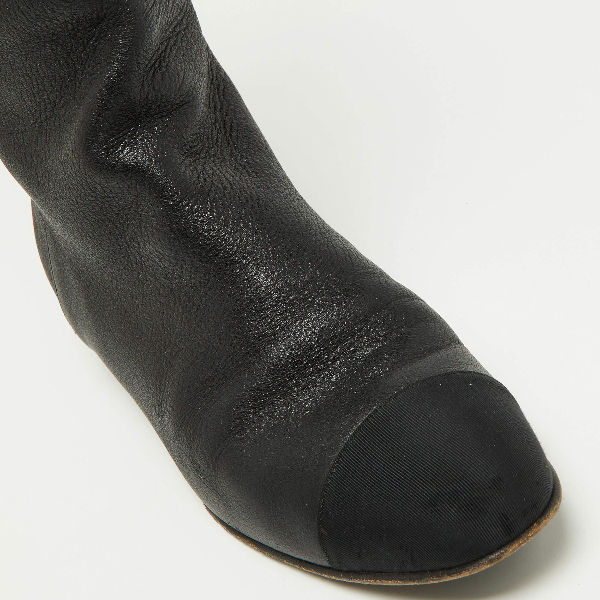 Chanel Black Leather and Grosgrain Mid Calf Boots Size 37.5 For Sale 3