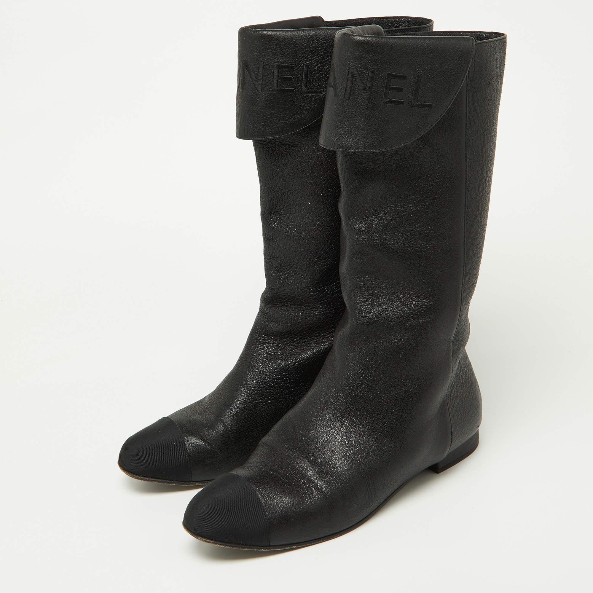 Chanel Black Leather and Grosgrain Mid Calf Boots Size 37.5 For Sale 5