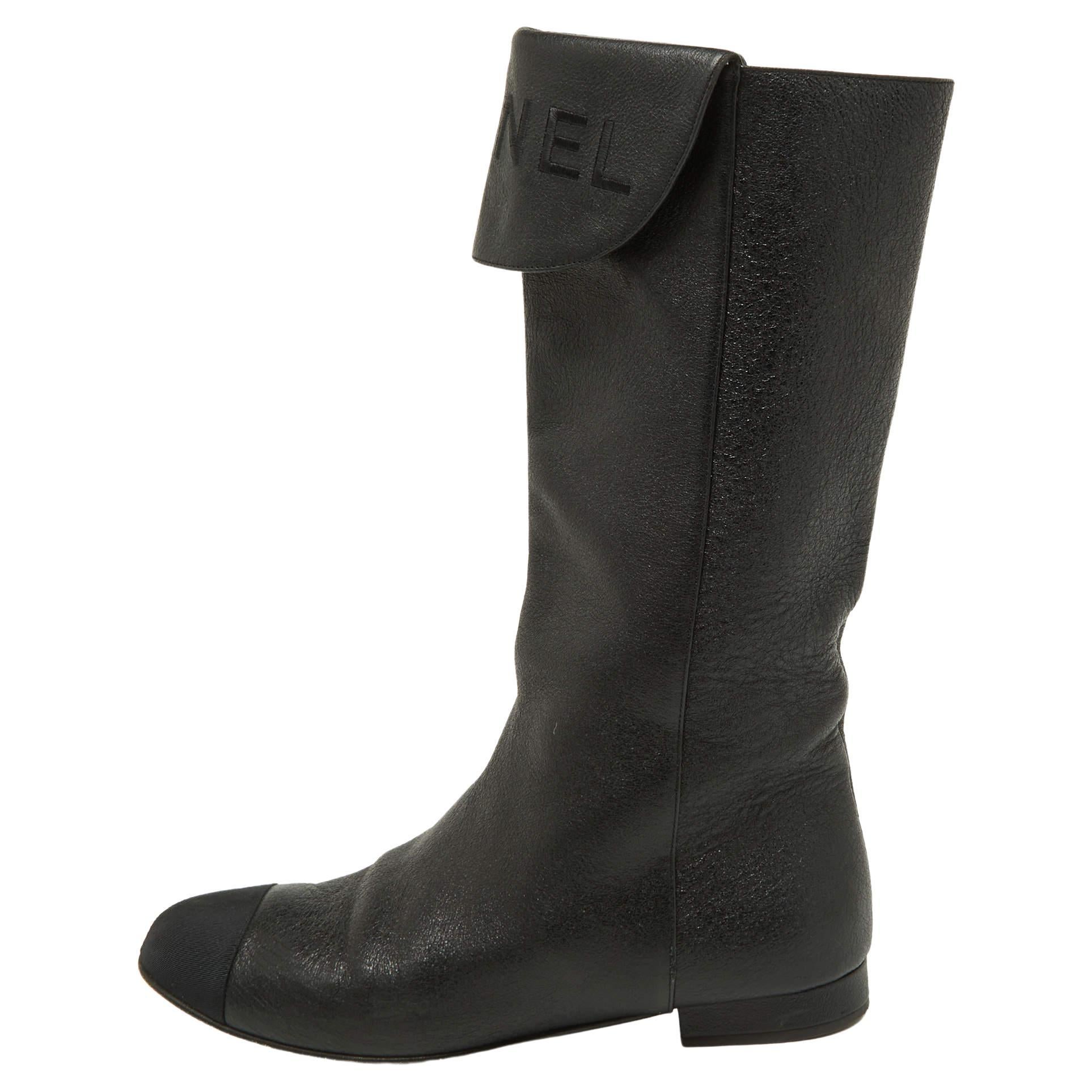 Chanel Black Leather and Grosgrain Mid Calf Boots Size 37.5 For Sale