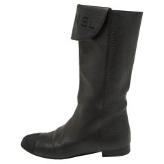 Chanel Black Leather and Grosgrain Mid Calf Boots Size 37.5