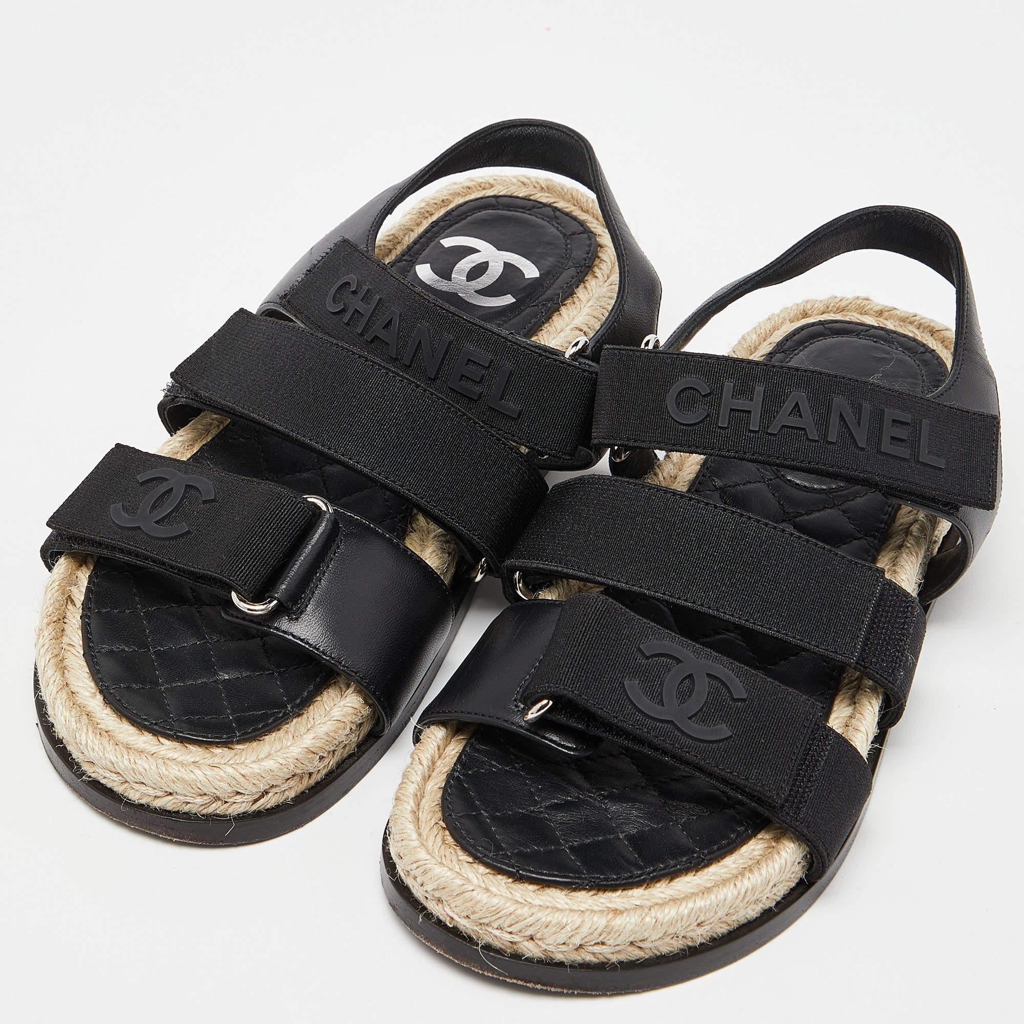 Chanel Black Leather and Grosgrain Velcro Dad Sandals Size 35 1