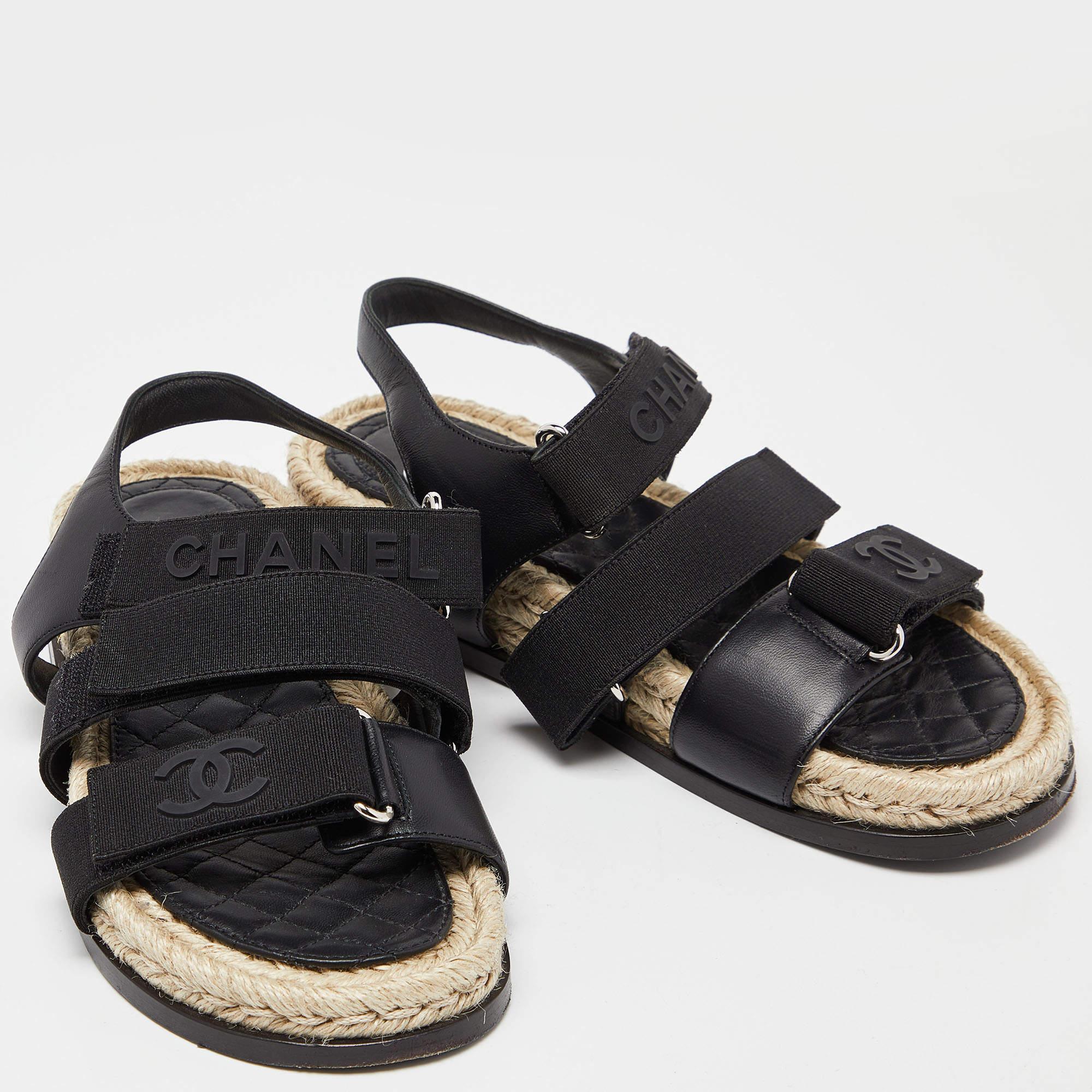 Chanel Black Leather and Grosgrain Velcro Dad Sandals Size 35 2
