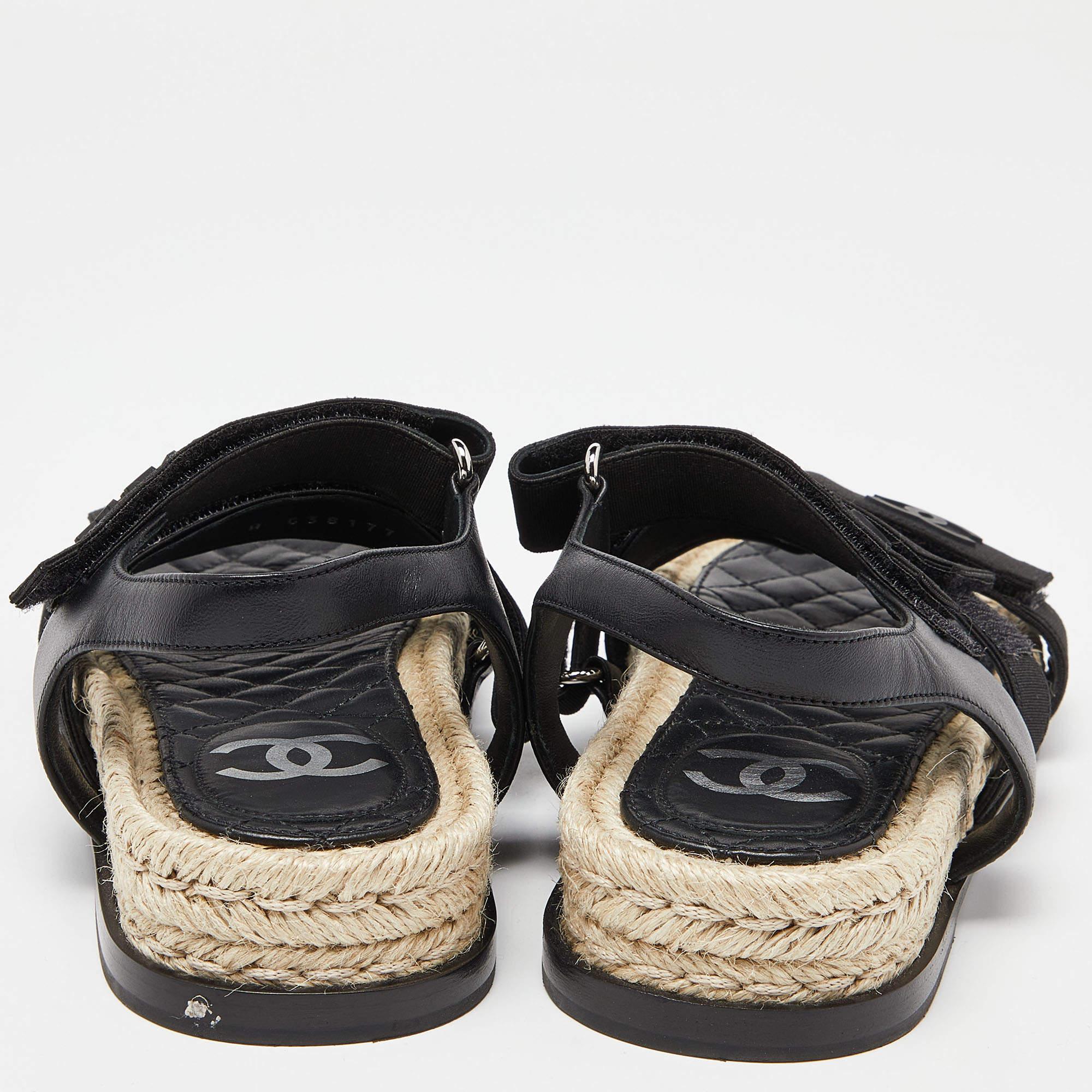 Chanel Black Leather and Grosgrain Velcro Dad Sandals Size 35 3