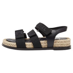 Chanel Black Leather and Grosgrain Velcro Dad Sandals Size 35