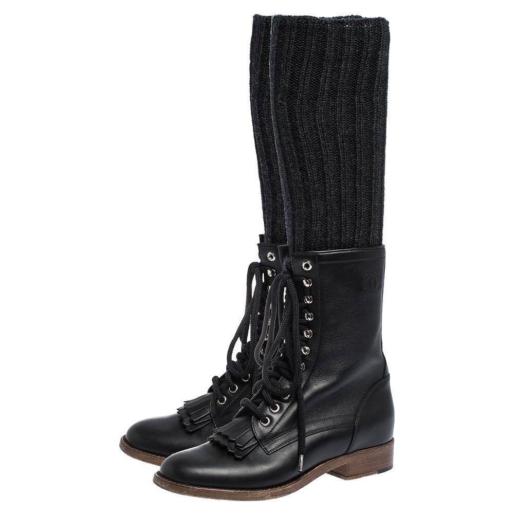 chanel black leather combat boots