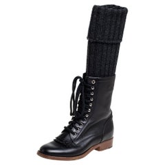 Chanel Schwarz Leder und stricken Stoff Socke Combat Stiefel Größe 38