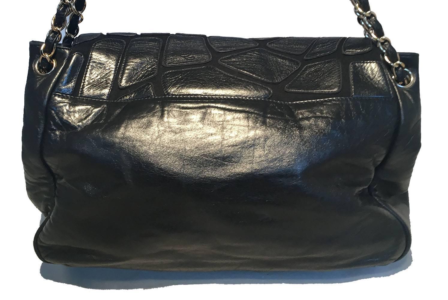 Women's Chanel Black Leather and Knit Patchwork Classic Flap Messenger Shoulder Bag