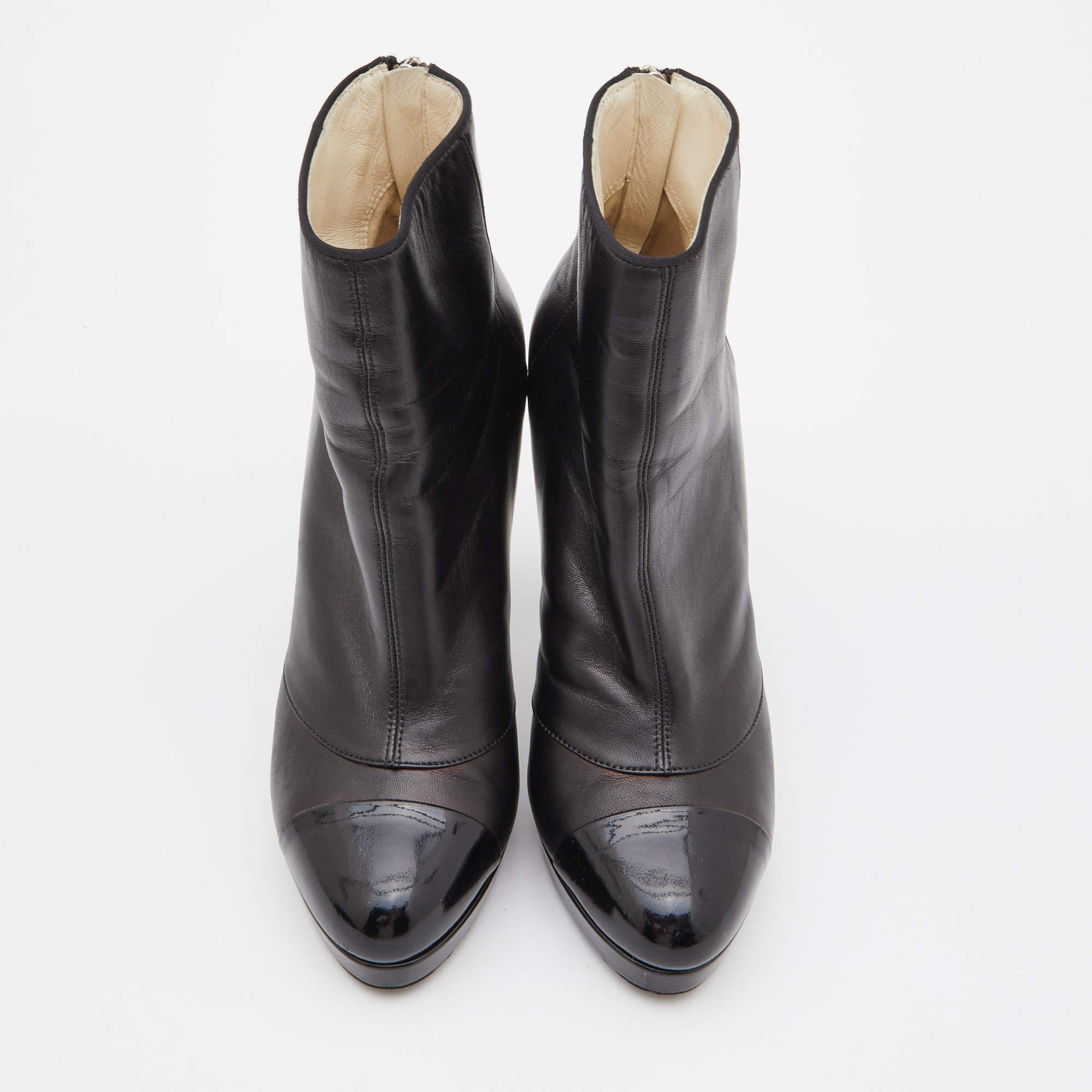 Chanel Black Leather Platform Ankle Boots - 5 For Sale on 1stDibs