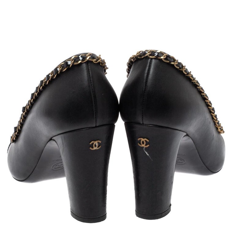 Chanel Black Leather And Patent Leather Cap Toe Chain Embellished Trim Pumps  Siz at 1stDibs