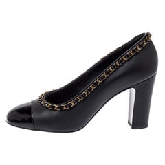 Chanel Black Leather And Patent Leather Cap Toe Chain Embellished Trim Pumps Siz