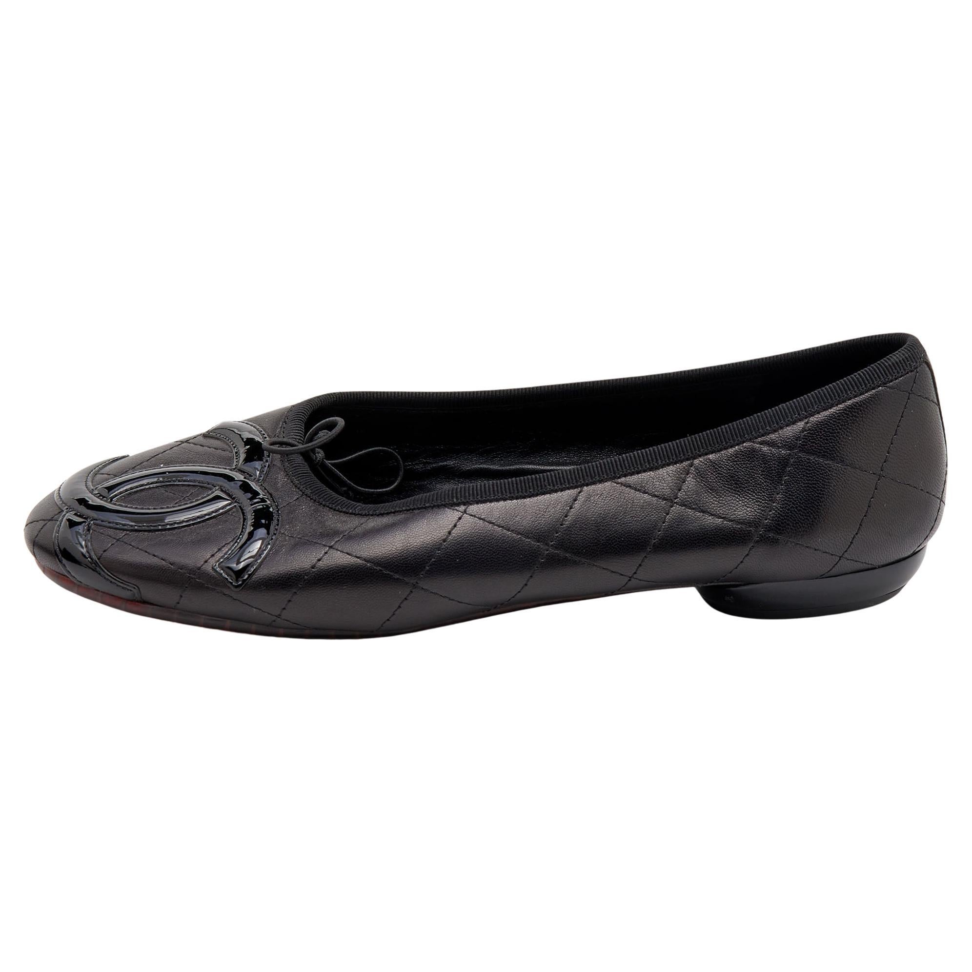 Chanel Black Leather and Patent Leather CC Cambon Ballet Flats Size 39