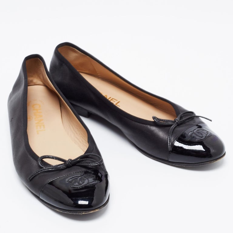 Chanel Black Leather and Patent Leather CC Cap Toe Bow Ballet