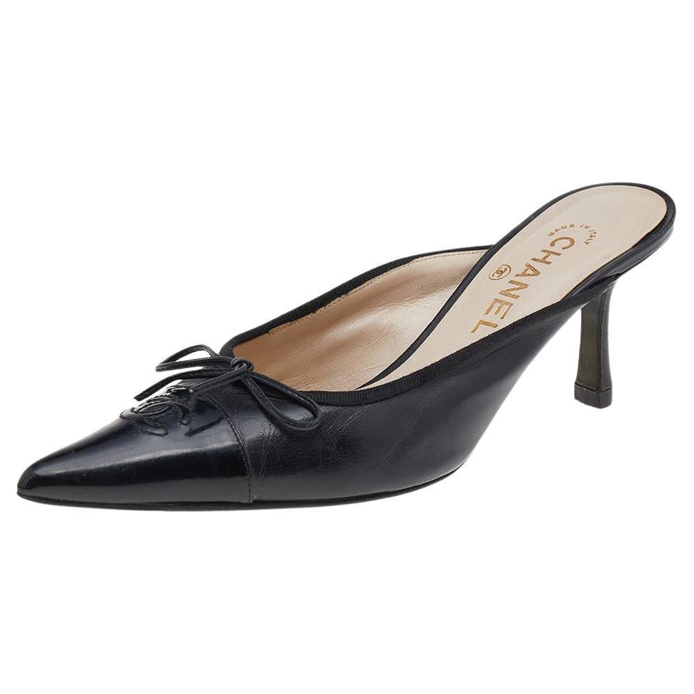 Chanel Black Leather And Patent Leather Pointed CC Cap Toe