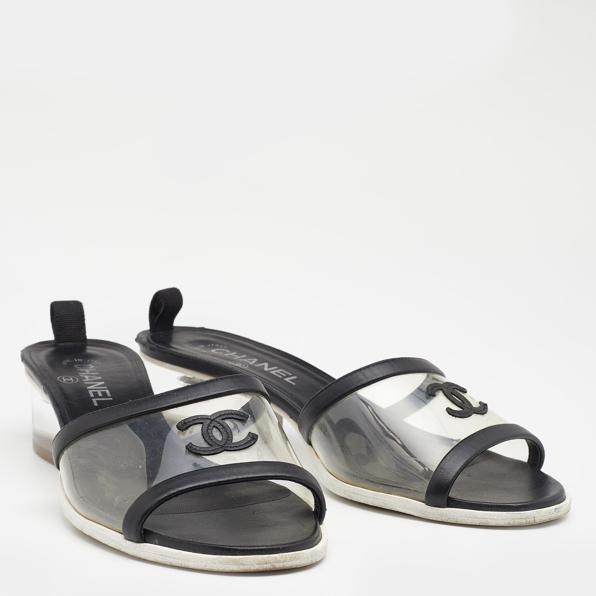 Women's Chanel Black Leather And PVC CC Block Heel Slide Sandals Size 40