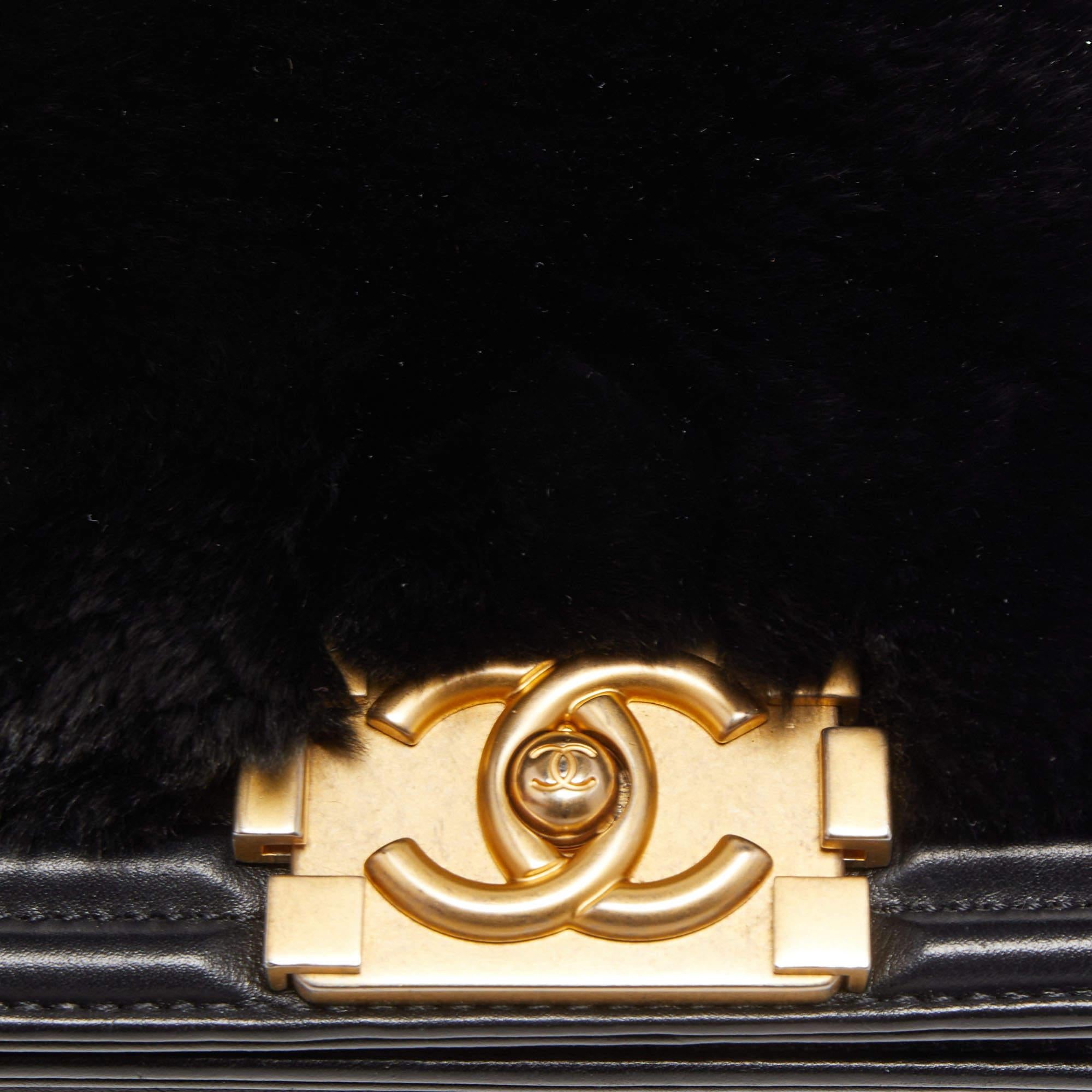 Chanel Black Leather and Rabbit Fur Small Boy Flap Bag 6