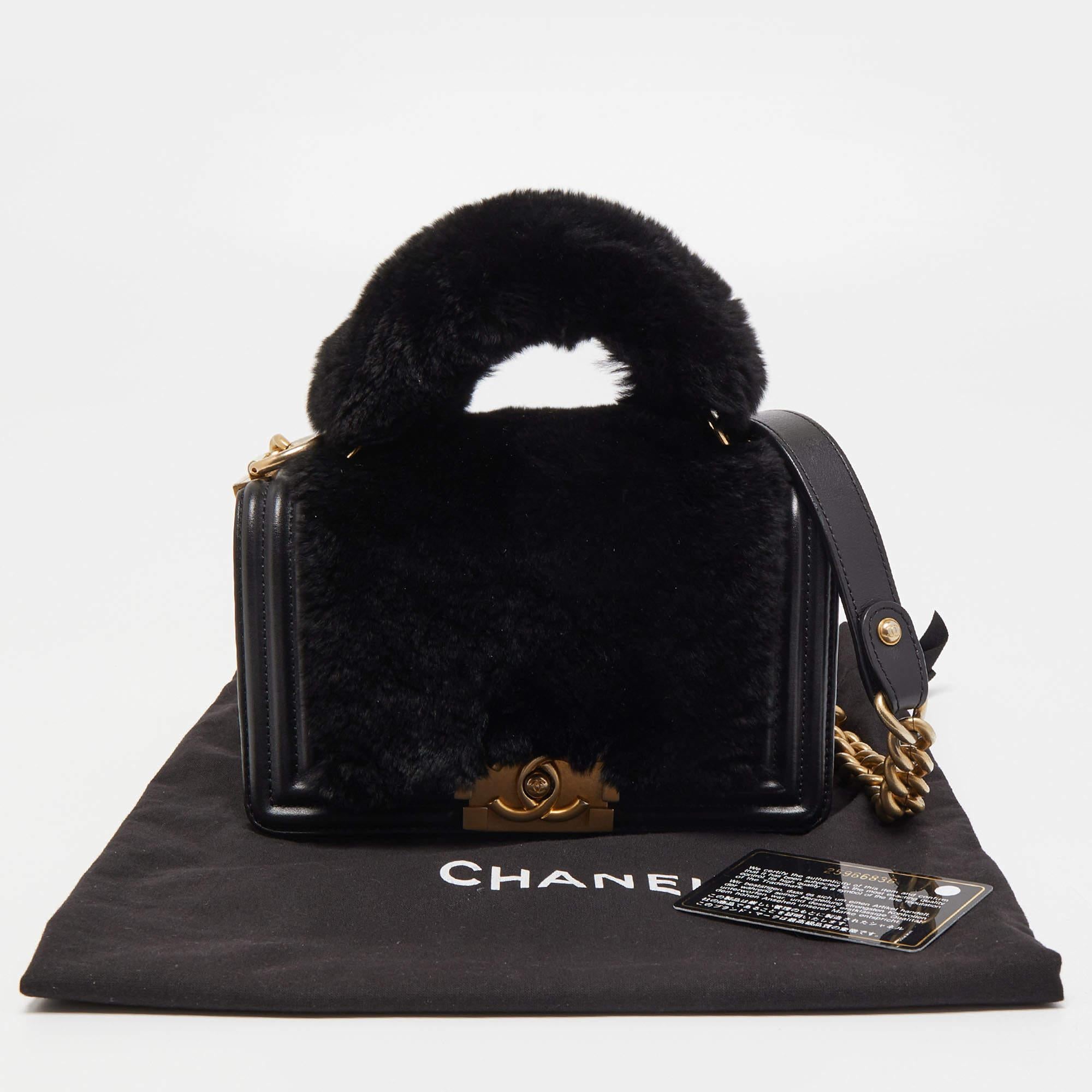 Chanel Black Leather and Rabbit Fur Small Boy Flap Bag 11