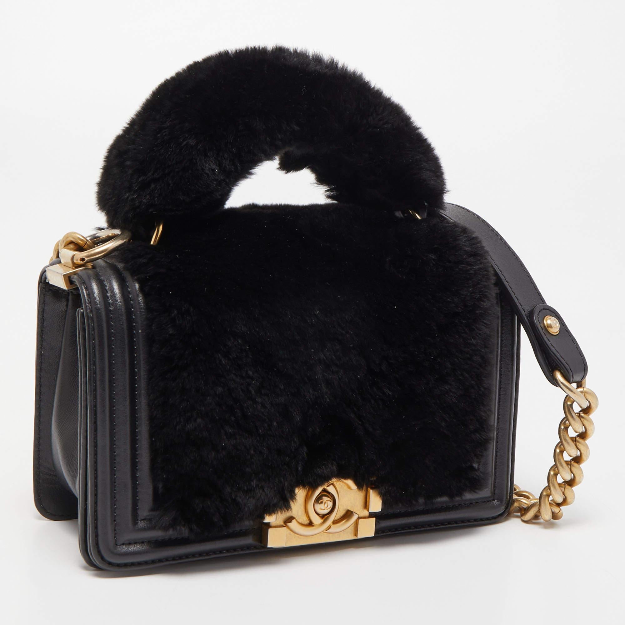 Women's Chanel Black Leather and Rabbit Fur Small Boy Flap Bag