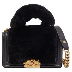 Chanel Black Leather and Rabbit Fur Small Boy Flap Bag