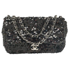 Chanel Black Leather and Sequins Classic Single Flap Flap Bag