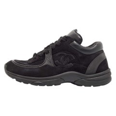 Chanel Black Leather and Suede CC Lace Up Sneakers 36.5