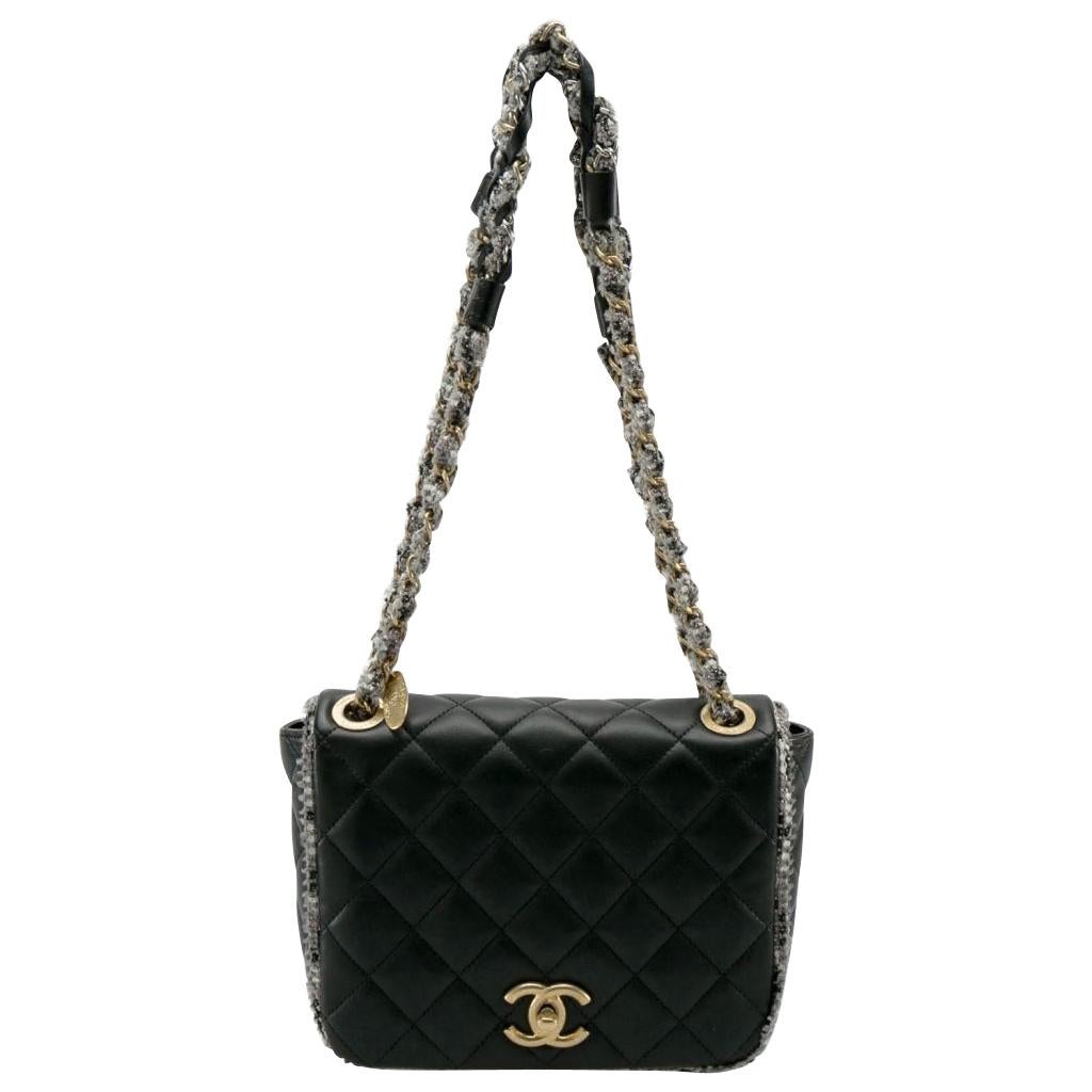 Chanel Black Leather and Tweed Trim CC Turnlock Flap Bag