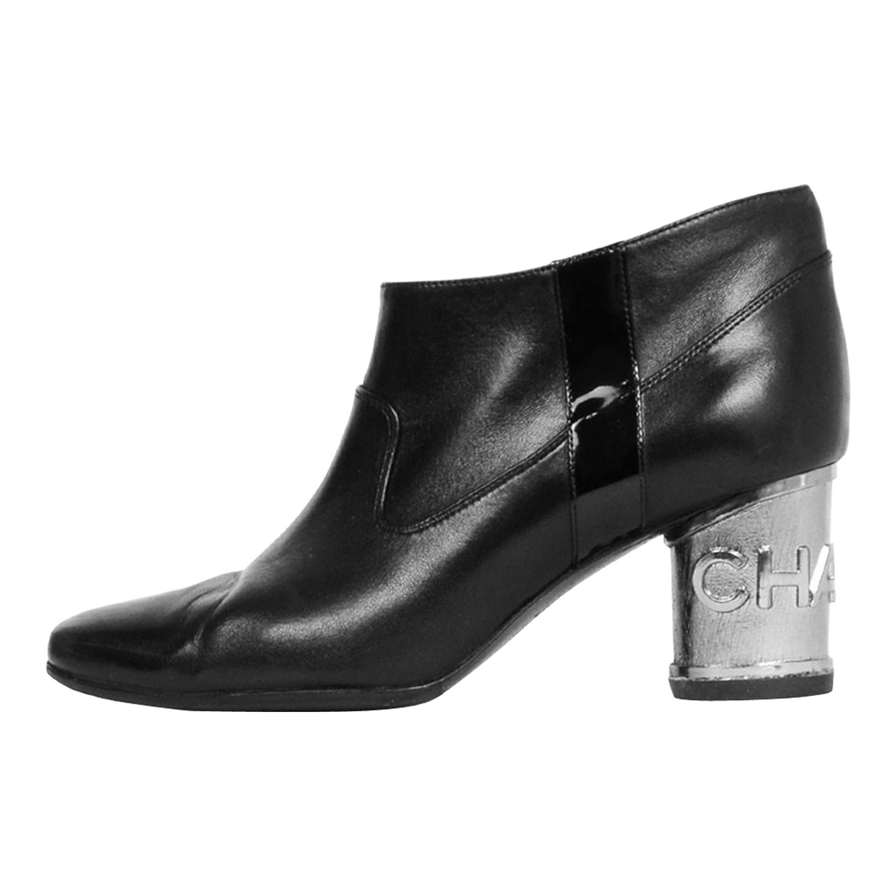 Chanel Black Leather Ankle Bootie with Metal Heel sz 39