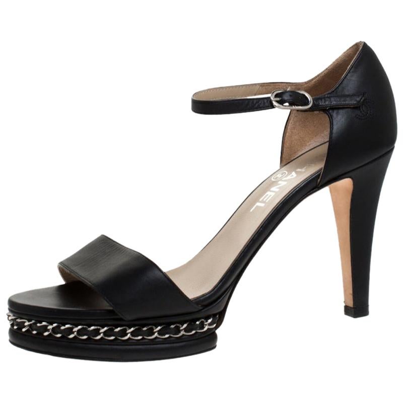 Chanel Black Leather Ankle Strap Chain Sandals Size 39.5