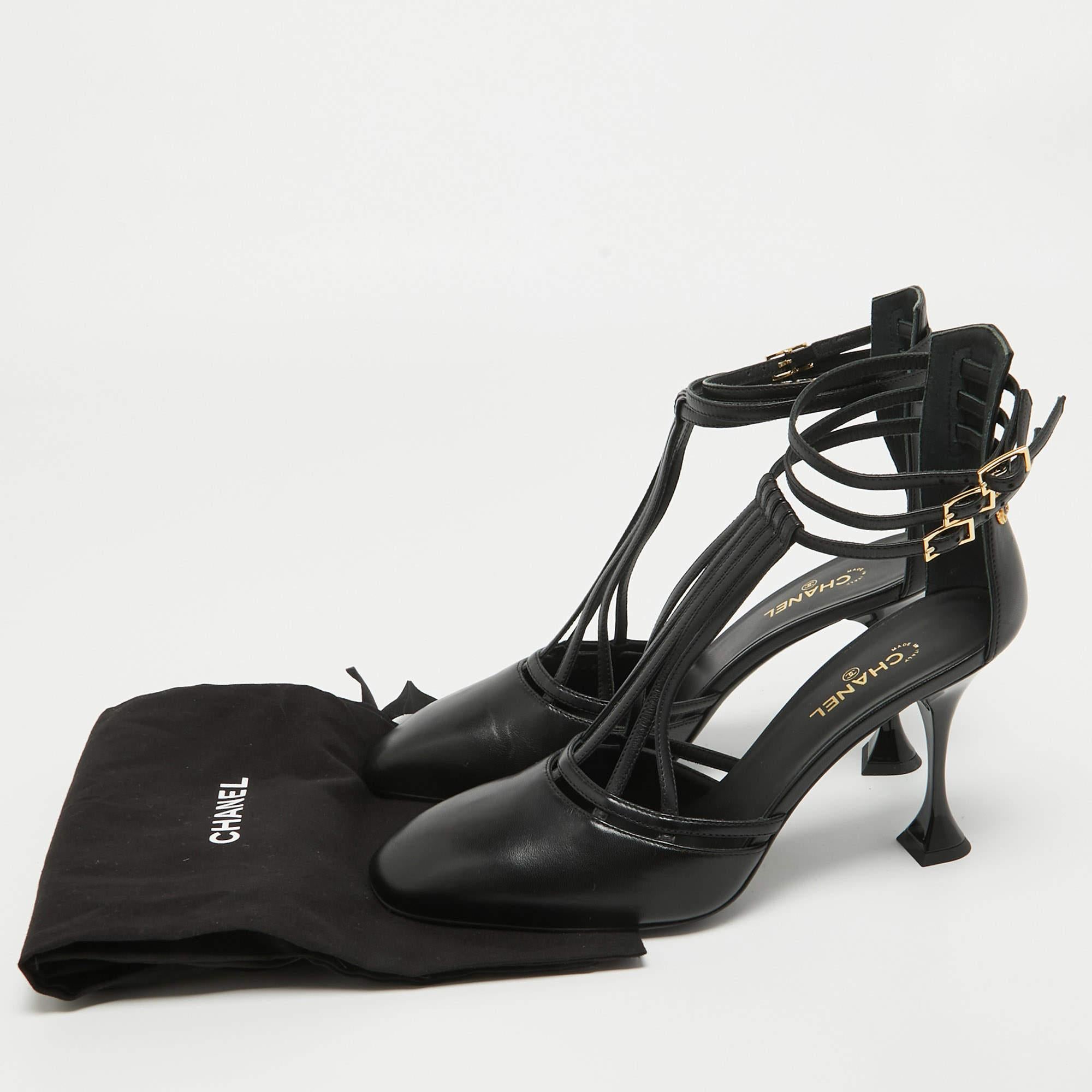 Chanel Black Leather Ankle Strap Pumps Size 40 For Sale 5