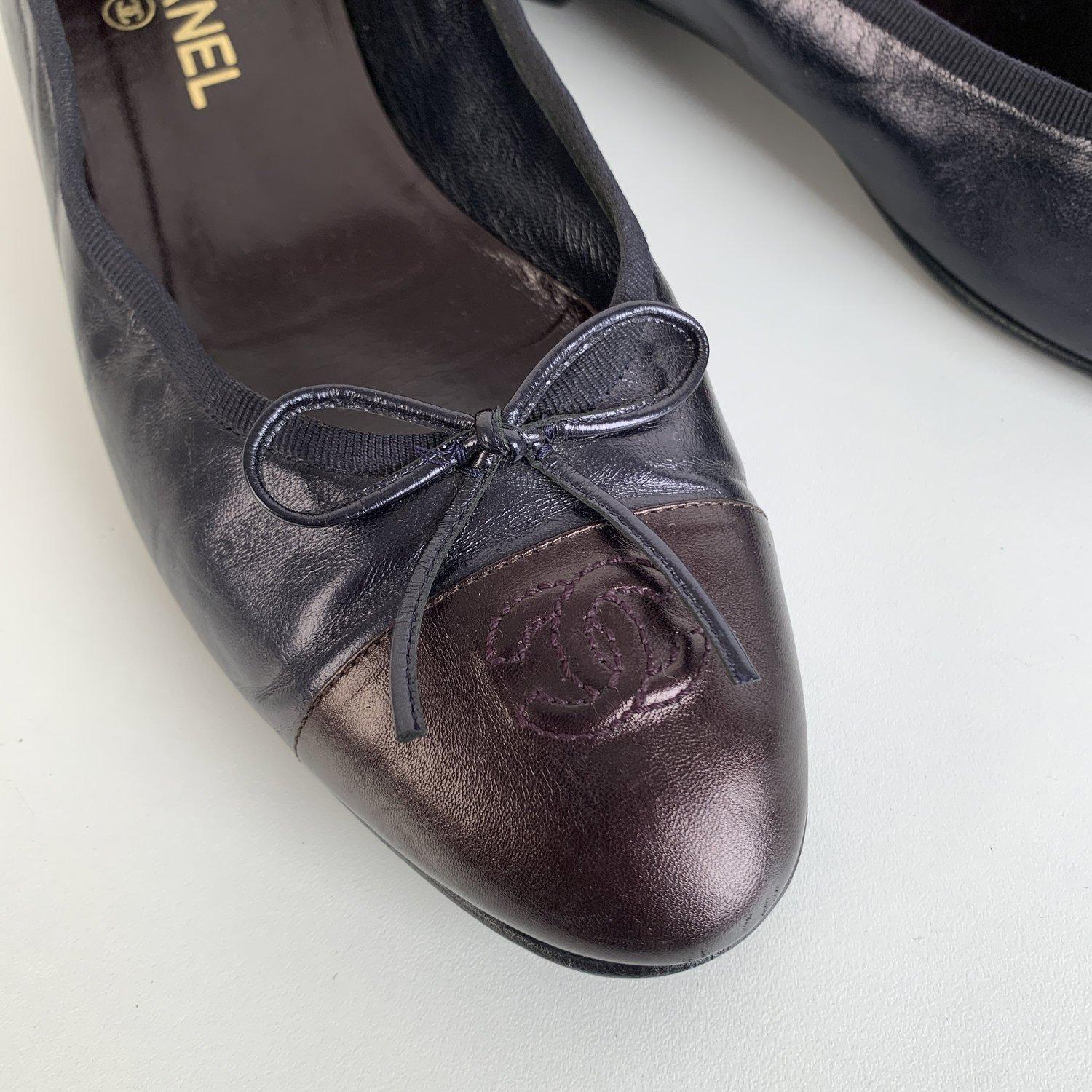 Chanel Black Leather Ballet Flat Ballerina Shoes Size 41 2