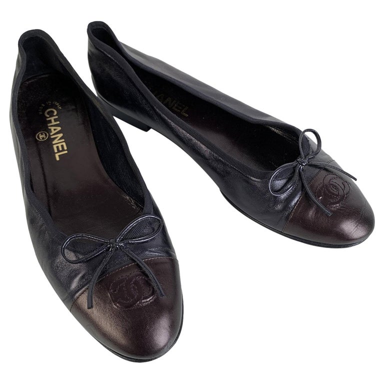 Chanel Black Leather Ballet Flat Ballerina Shoes Size 41 at