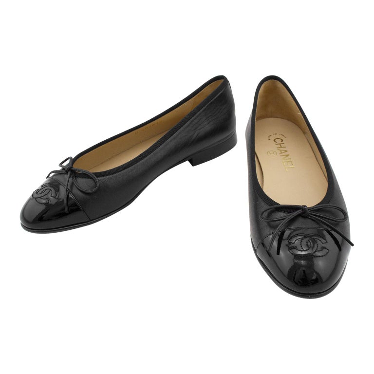 Chanel Black Leather Ballet Flats with Black Patent Leather Toe Sz 37 ...
