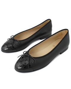 Chanel Black Leather Ballet Flats with Black Patent Leather Toe Sz 37