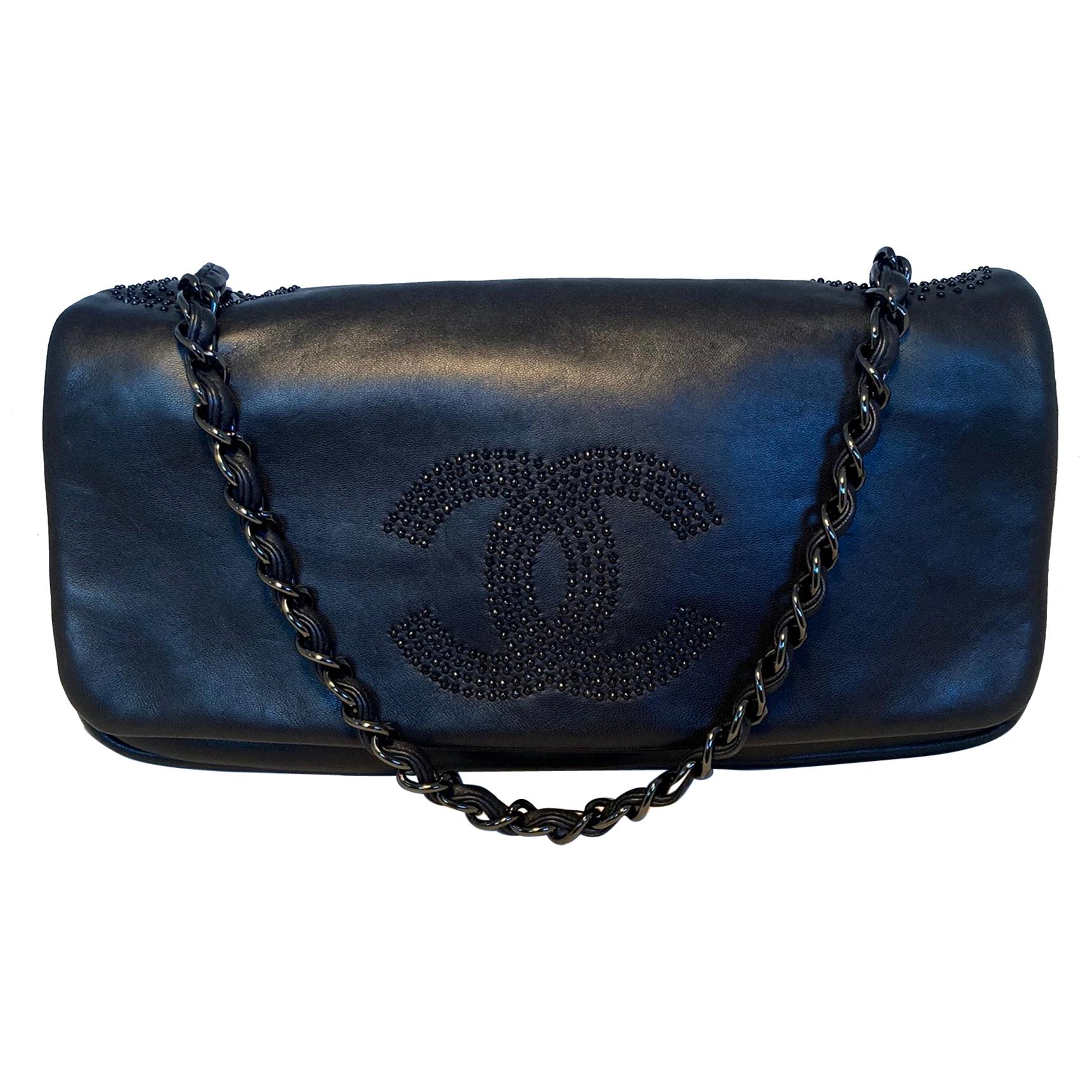 Chanel Black Leather Beaded CC Top Flap Classic Shoulder Bag
