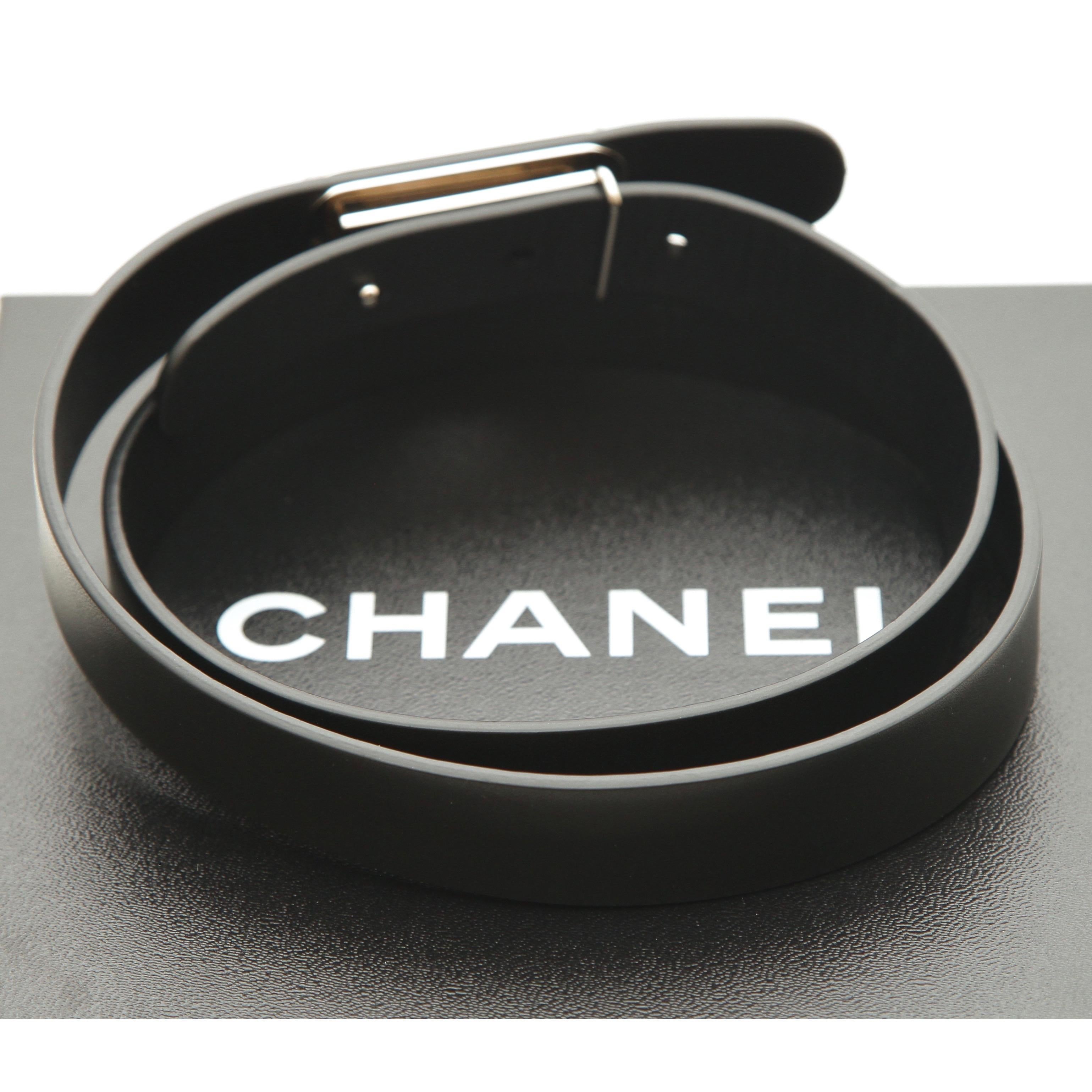 CHANEL Black Leather Belt CC Crystal Logo Buckle Silver HW Sz 80 2017 In Excellent Condition In Hollywood, FL