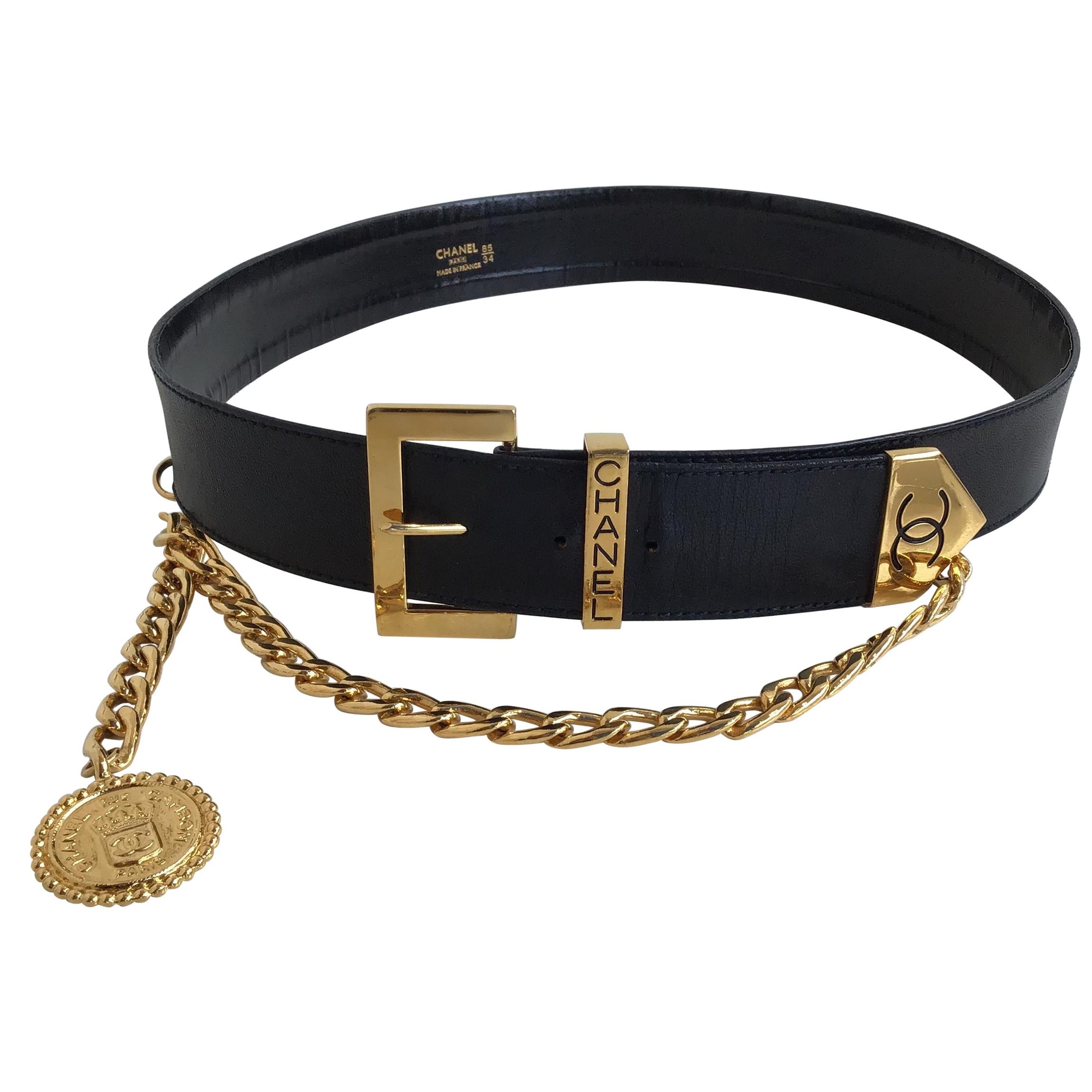 Chanel Black Leather Belt with Gold Chain
