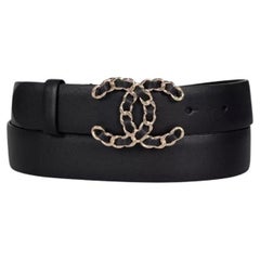 Chanel Black Leather Belt with Logo Buckle Size 90/36