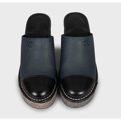 Chanel Black Leather Block Heel Clogs Size 38