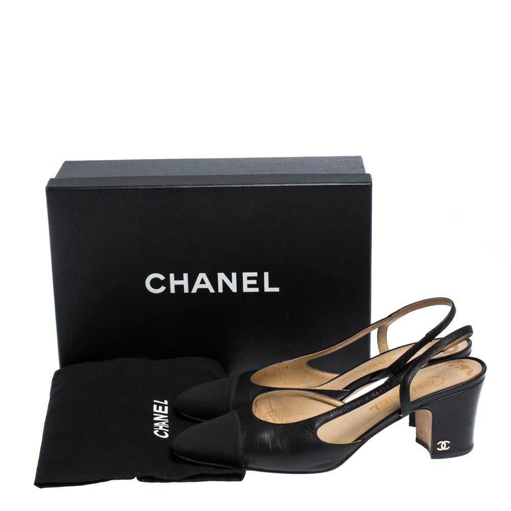 Chanel Black Leather Block Heel Slingback Sandals Size 39 3