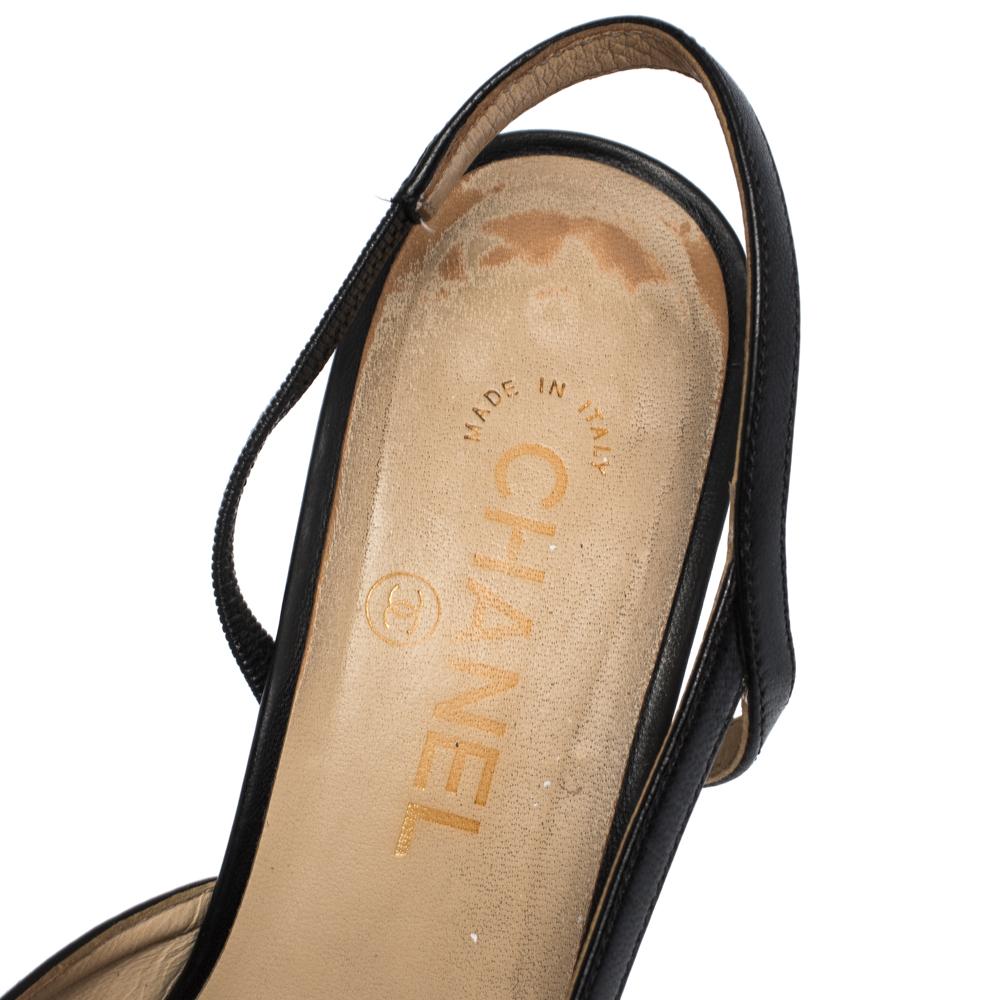 Chanel Black Leather Block Heel Slingback Sandals Size 39 1