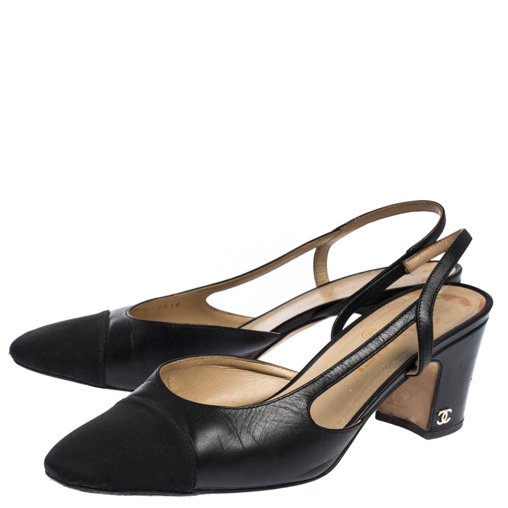 Chanel Black Leather Block Heel Slingback Sandals Size 39 2