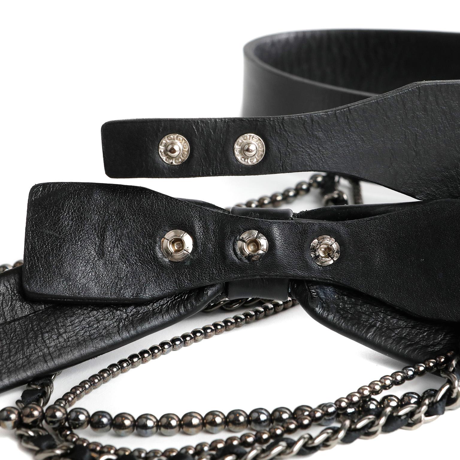 Women's Chanel Black Leather Bow Belt with Chains For Sale