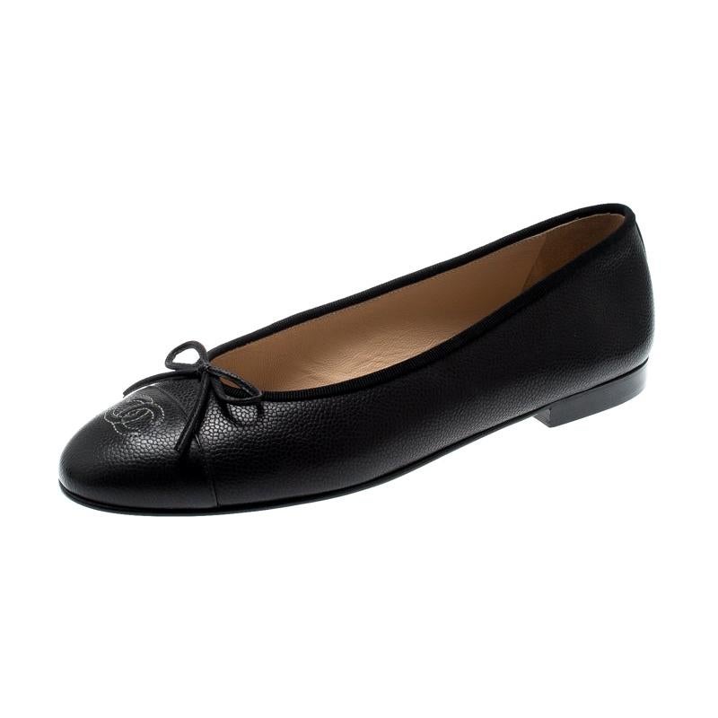 Chanel Black Leather Bow CC Cap Toe Ballet Flats Size 41 For