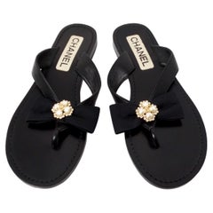 Chanel Black Leather Bow & Pearl Accent Sandals