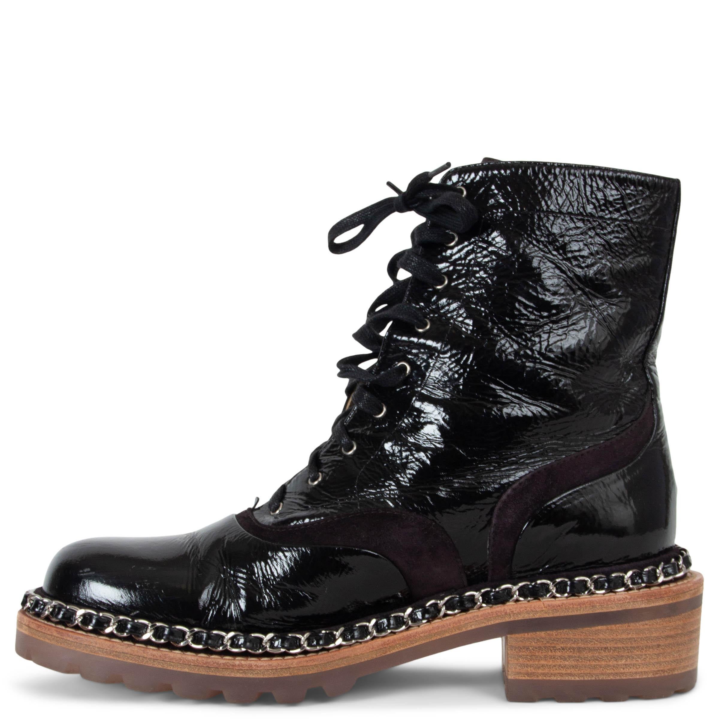 Black CHANEL black leather & brown suede 15A SALZBURG CHAIN TRIM Boots Shoes 37.5 For Sale