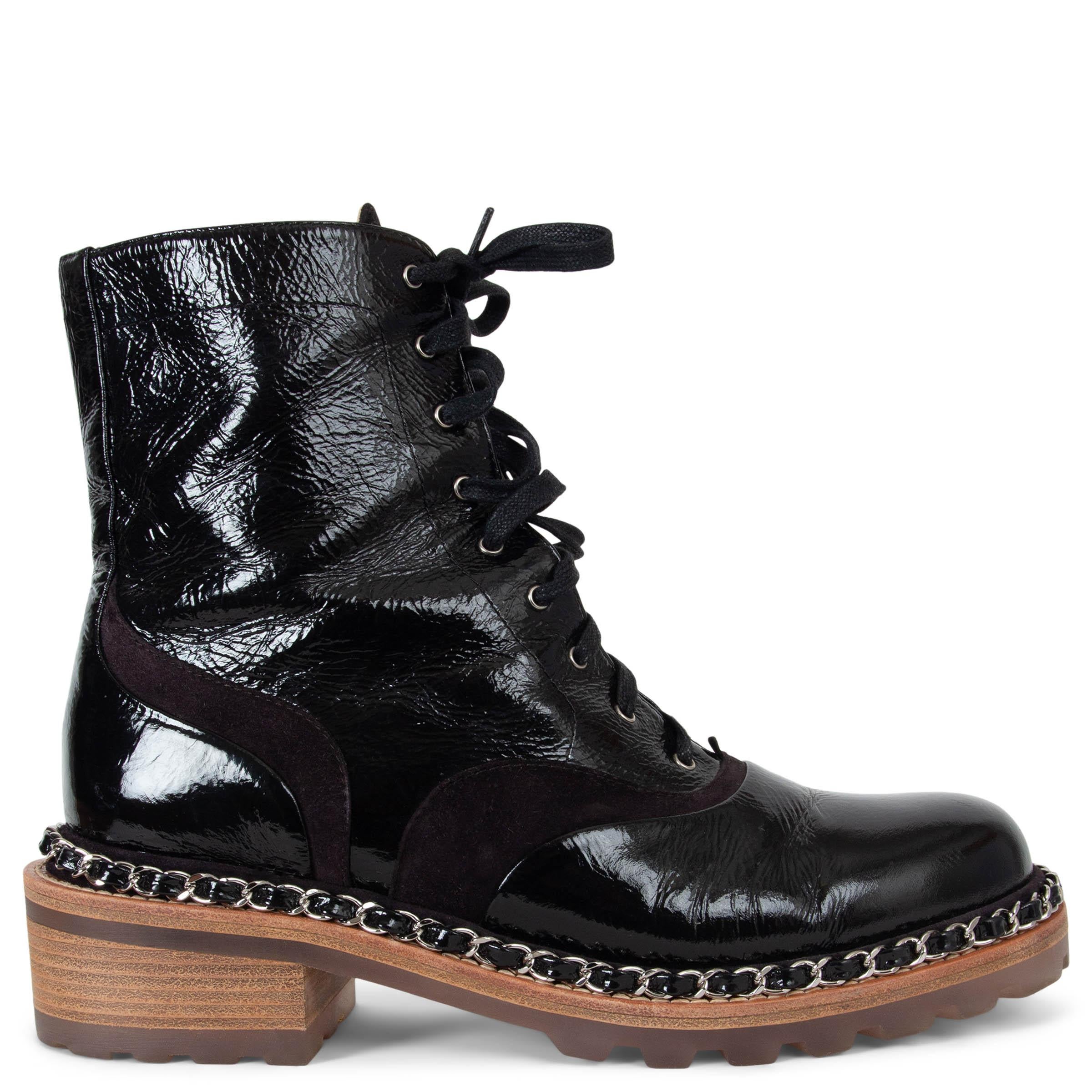 CHANEL black leather & brown suede 15A SALZBURG CHAIN TRIM Boots Shoes 37.5 For Sale