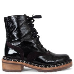 CHANEL black leather & brown suede 15A SALZBURG CHAIN TRIM Boots Shoes 37.5
