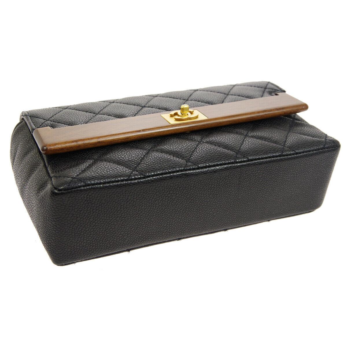 Chanel Black Leather Brown Wood Gold Evening Shoulder Single Flap Bag 1
