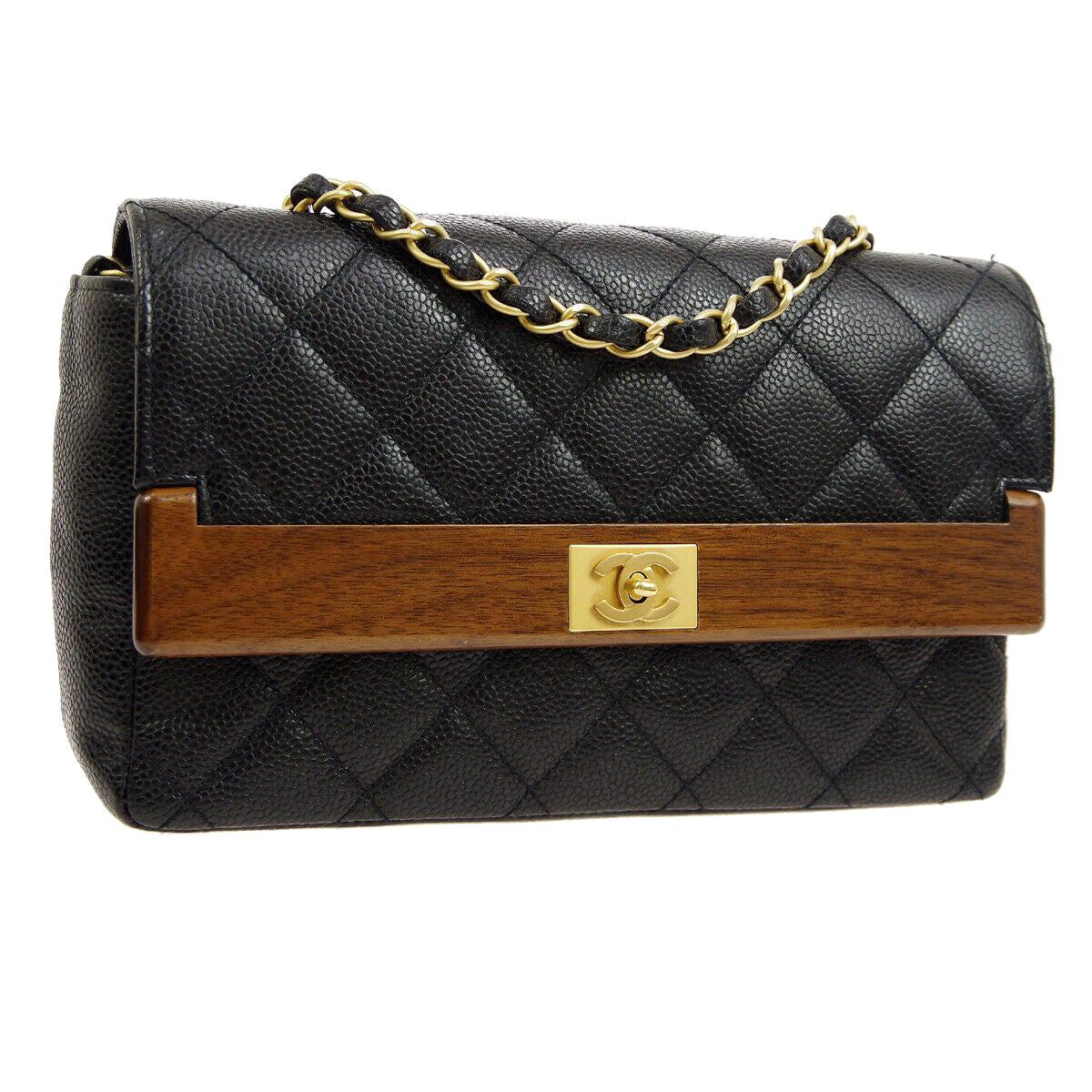Chanel Black Leather Brown Wood Gold Evening Shoulder Single Flap Bag